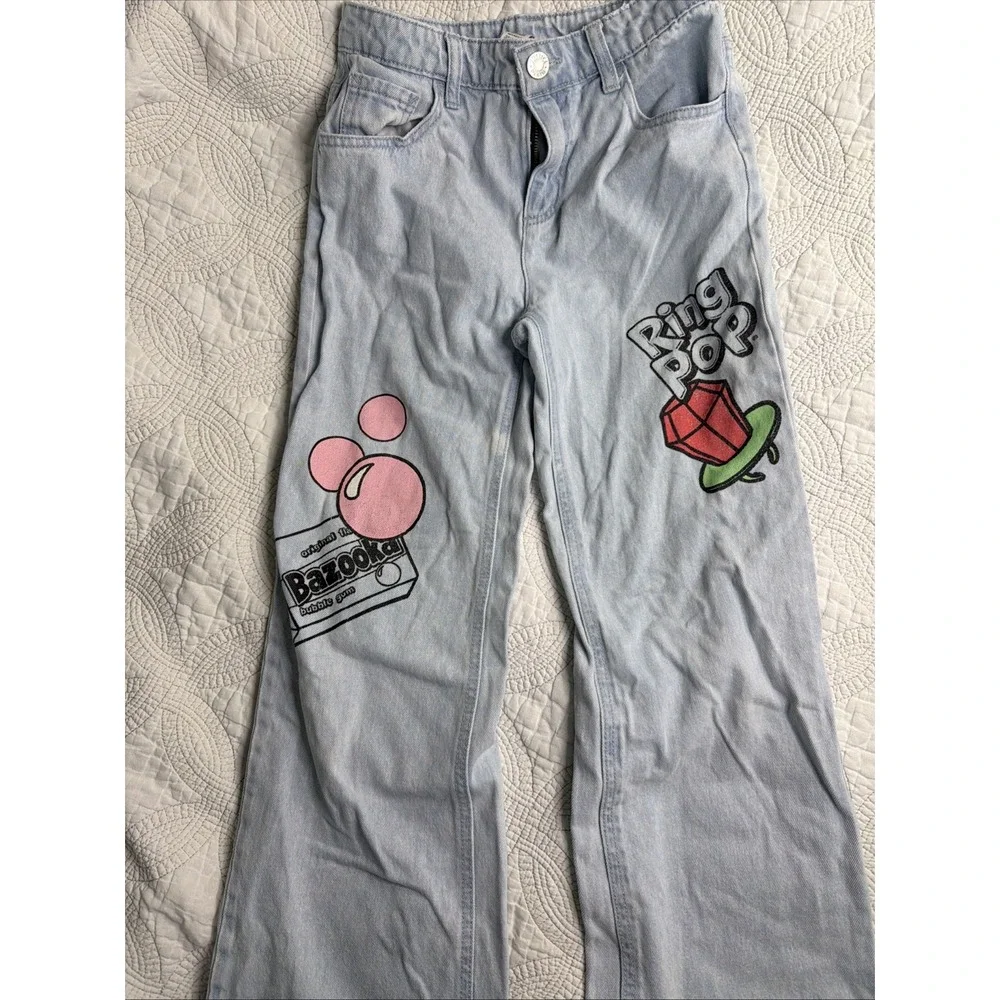 Justice Light Wash Jeans with Pink Balloon & Red Ring Pop Art Girls Sz 10